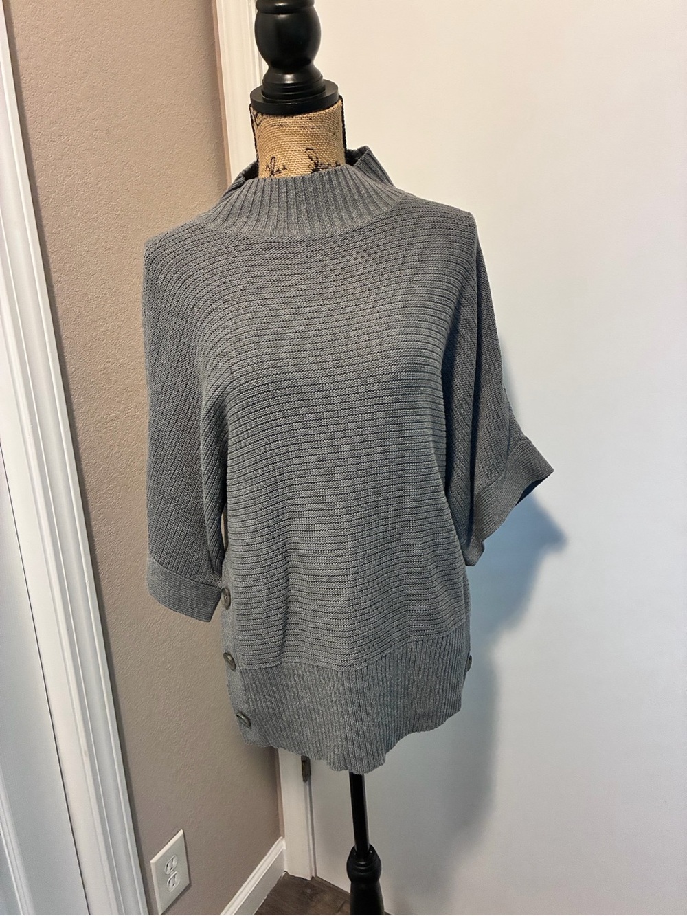 LOFT Light Gray Ribbed Cowl Neck Sweater with Side Buttons